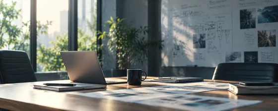 窓辺の机に広げた資料とノートパソコン、奥のホワイトボードに書き出された図